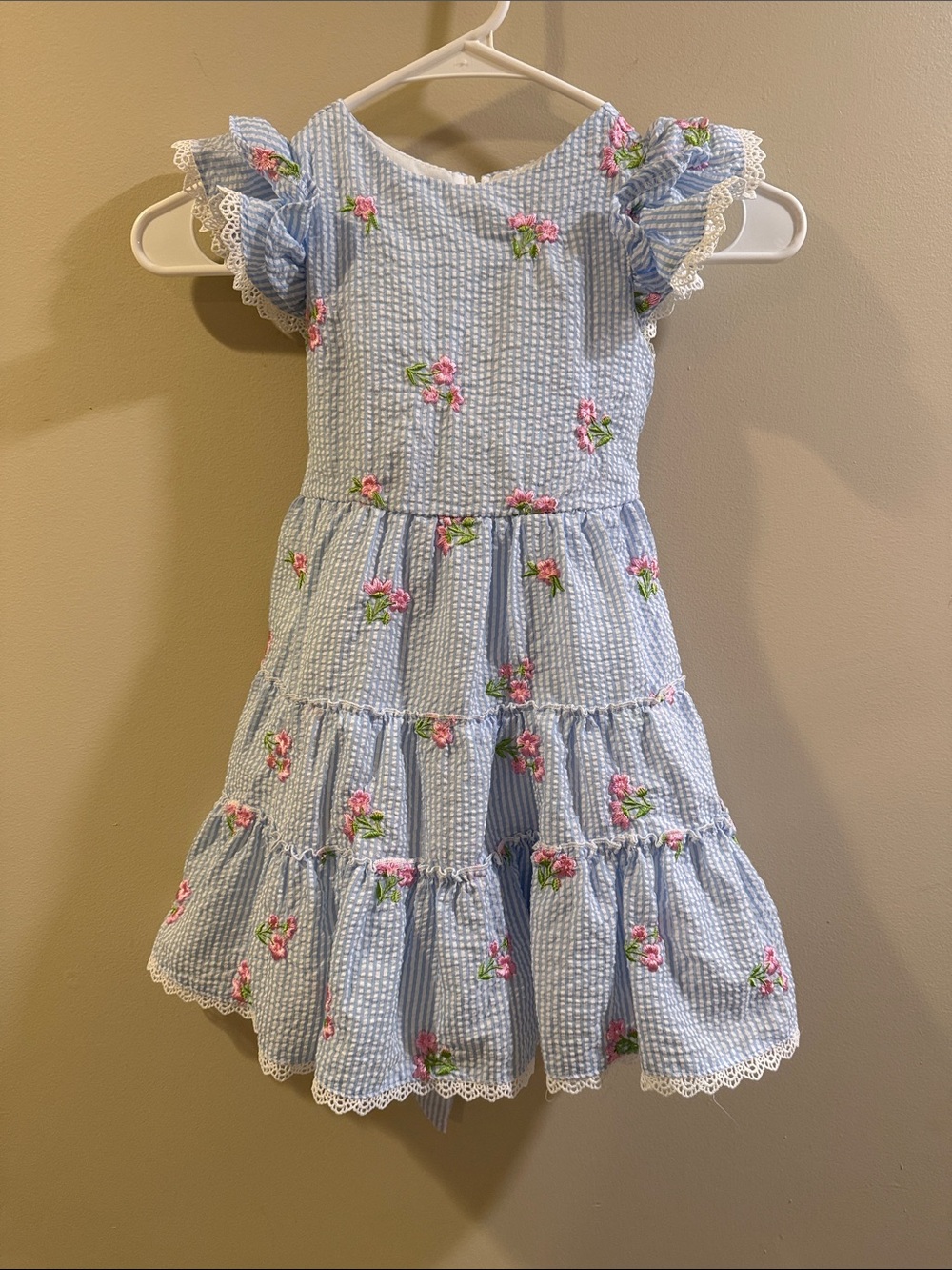 Rare Editions Light Blue Seersucker Dress with Pink Floral Embroidery